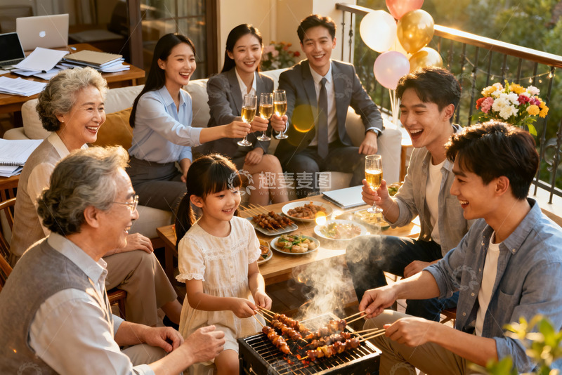 高清大图下载【趣麦麦图】家庭聚餐欢庆烧烤场景