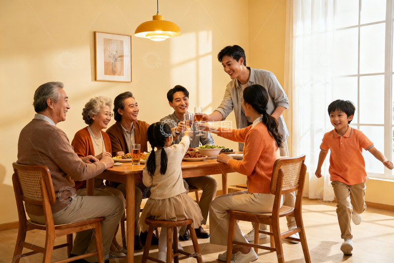 高清大图下载【趣麦麦图】三代同堂家庭聚餐温馨场景