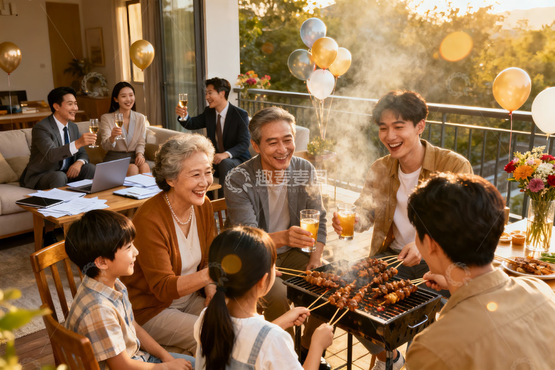高清大图下载【趣麦麦图】家庭户外烧烤聚会欢乐场景