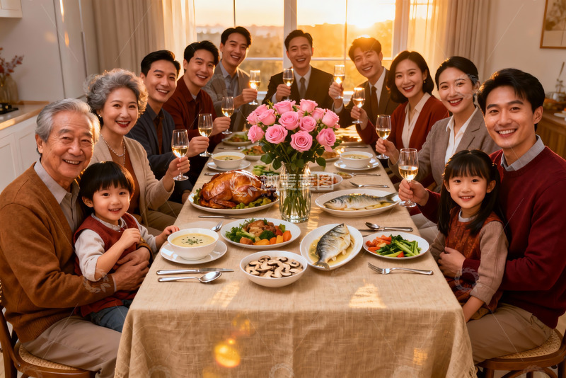 高清大图下载【趣麦麦图】三代同堂家庭聚餐温馨场景