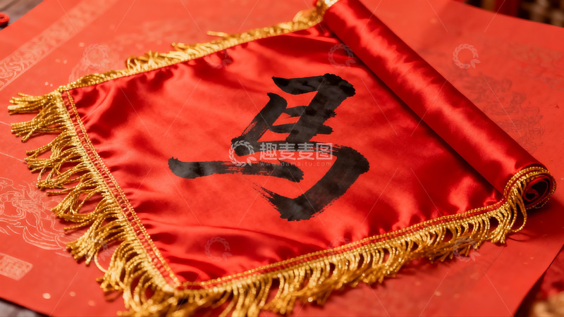 高清大图下载【趣麦麦图】红色锦缎上的书法马字