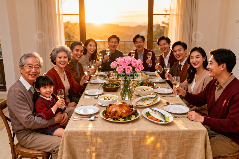 高清大图下载【趣麦麦图】温馨家庭聚餐举杯欢庆