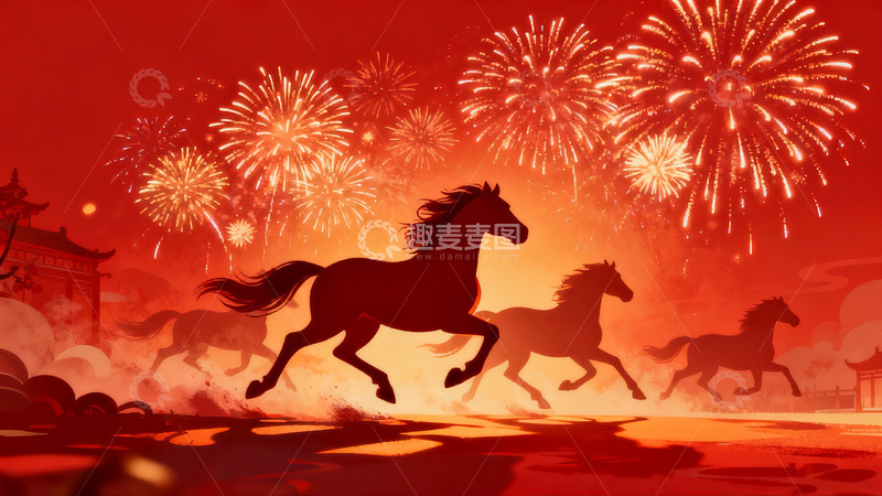 高清大图下载【趣麦麦图】烟花映衬骏马奔腾夜景