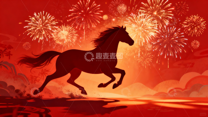 高清大图下载【趣麦麦图】奔腾骏马烟花绽放夜空