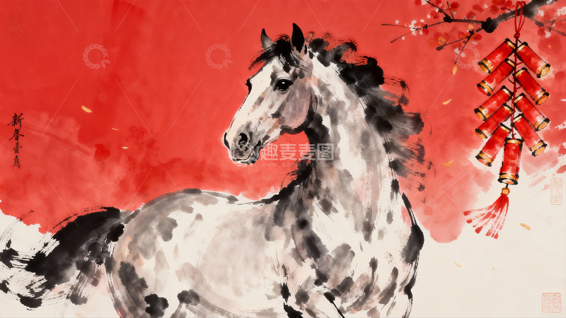 高清大图下载【趣麦麦图】水墨画骏马与红灯笼
