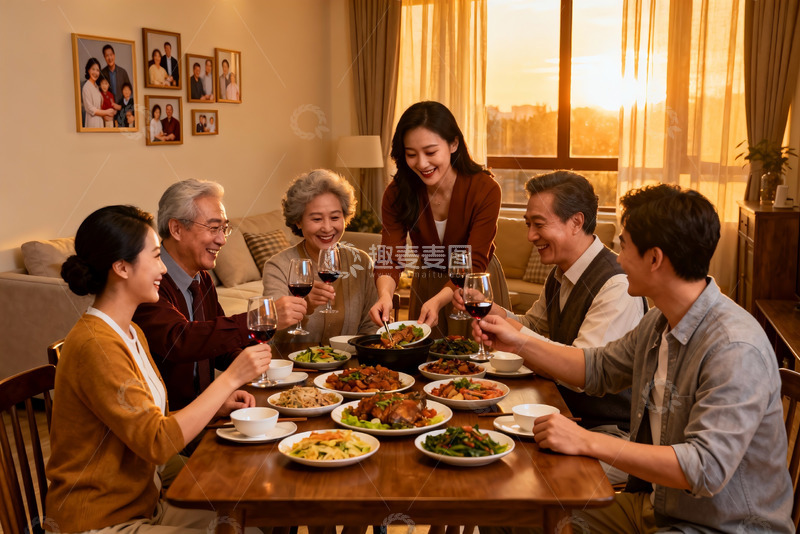 高清大图下载【趣麦麦图】三代同堂家庭聚餐温馨时刻
