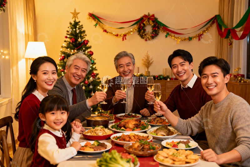高清大图下载【趣麦麦图】圣诞家庭聚餐欢庆时刻