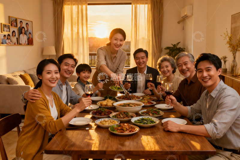 高清大图下载【趣麦麦图】温馨家庭聚餐夕阳映照