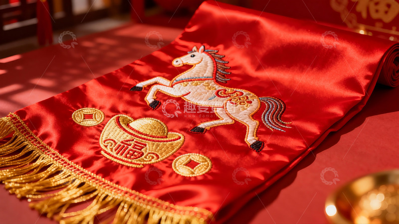 高清大图下载【趣麦麦图】红色绸缎绣马图案寓意吉祥