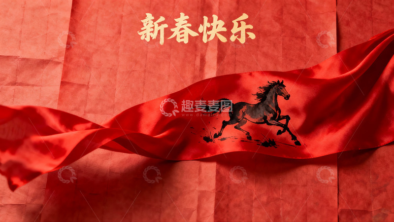 高清大图下载【趣麦麦图】红色绸缎马画新春祝福