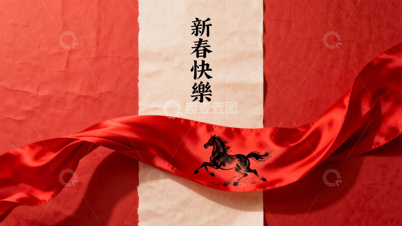 高清大图下载【趣麦麦图】新春贺卡设计红绸骏马