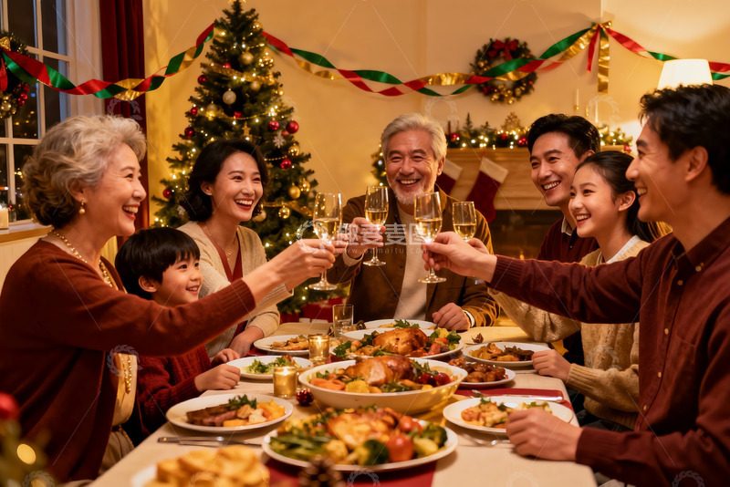 高清大图下载【趣麦麦图】圣诞家庭聚餐举杯欢庆