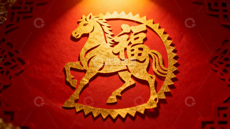 高清大图下载【趣麦麦图】金色剪纸马与福字图案