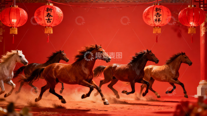 高清大图下载【趣麦麦图】红灯笼下骏马奔腾迎新春