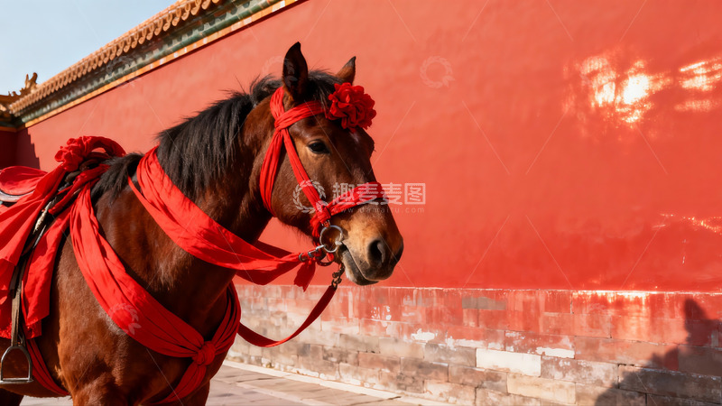 高清大图下载【趣麦麦图】红墙前装饰骏马静立