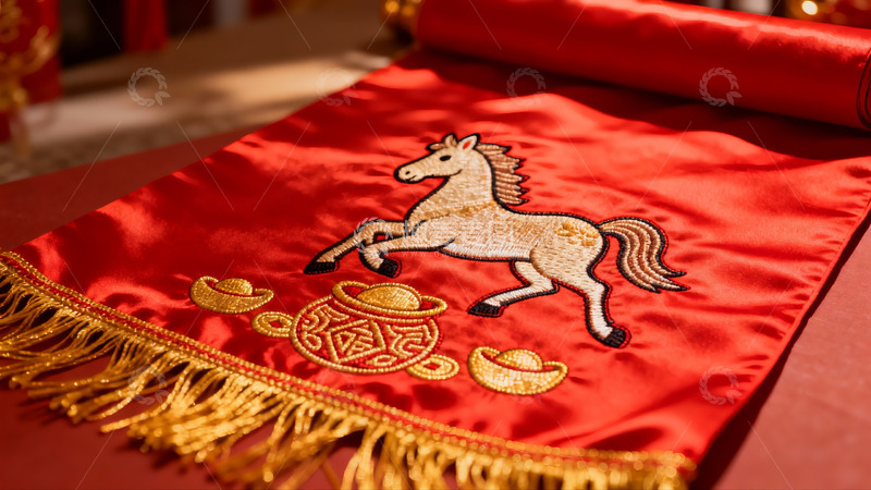 高清大图下载【趣麦麦图】红色布料上的金色马纹刺绣
