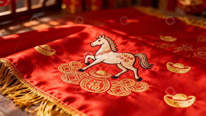 高清大图下载【趣麦麦图】红色布料上的马纹刺绣图案