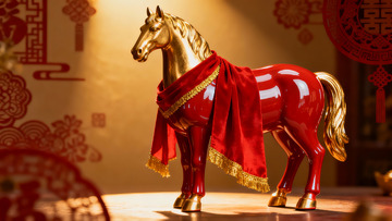 金色马雕红布装饰寓意吉祥