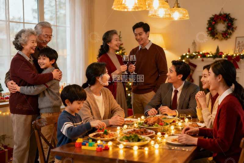 高清大图下载【趣麦麦图】温馨家庭圣诞聚餐场景