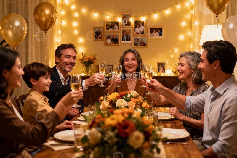高清大图下载【趣麦麦图】温馨家庭聚餐举杯欢庆