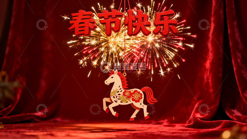 高清大图下载【趣麦麦图】春节烟花马挂饰庆祝画面