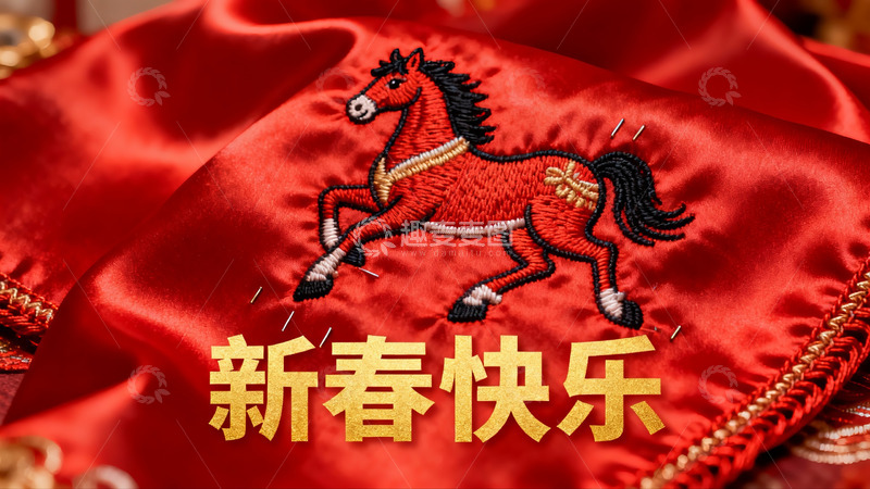 高清大图下载【趣麦麦图】红色布料上的马刺绣新春祝福