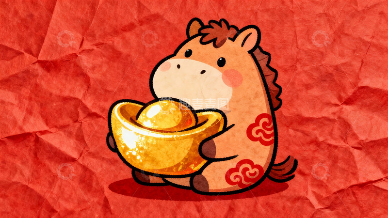 高清大图下载【趣麦麦图】卡通马抱金元宝寓意吉祥