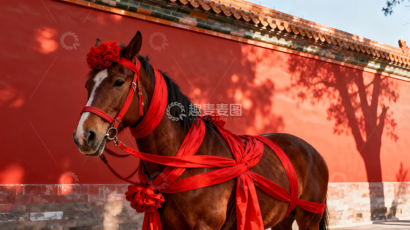 高清大图下载【趣麦麦图】红墙前装饰华丽的棕色马