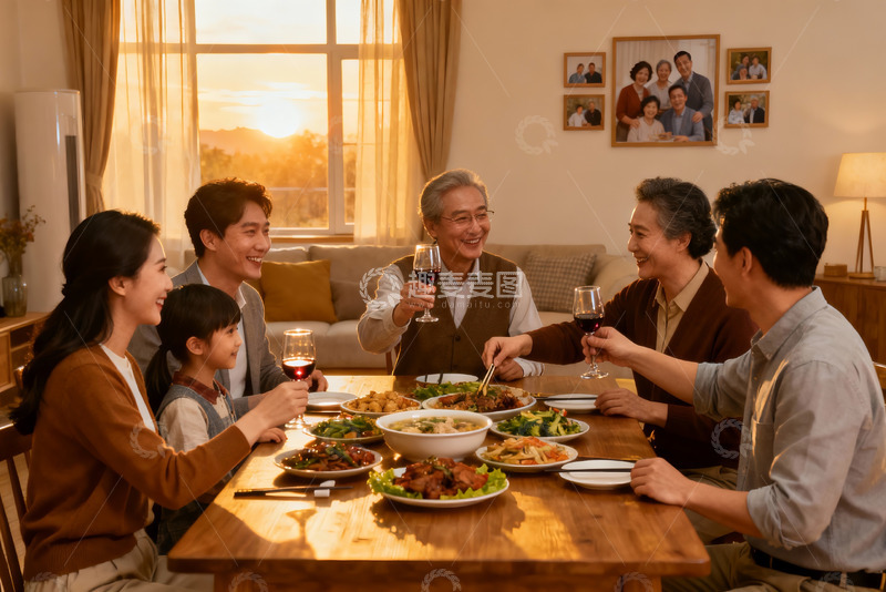 高清大图下载【趣麦麦图】三代同堂家庭聚餐温馨场景