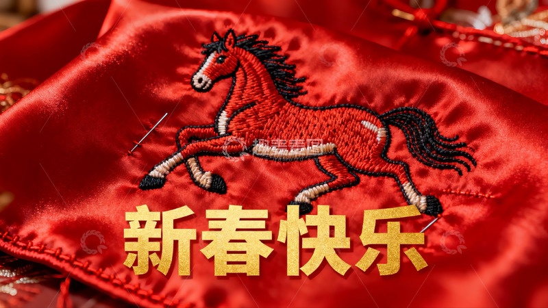高清大图下载【趣麦麦图】红色布料上的马刺绣与新年祝福