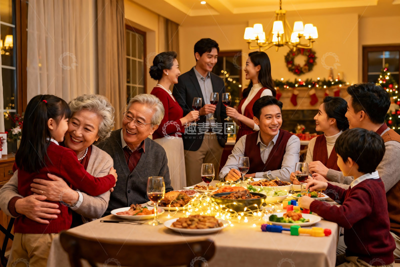 高清大图下载【趣麦麦图】温馨家庭圣诞聚餐场景