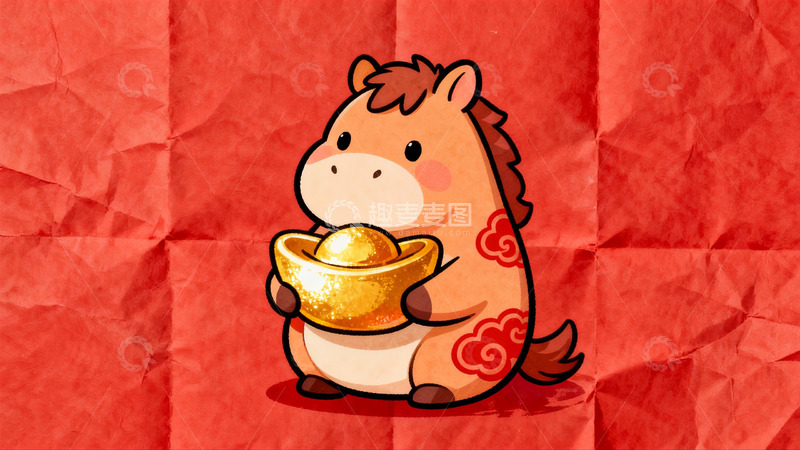 高清大图下载【趣麦麦图】卡通马手持金元宝寓意吉祥