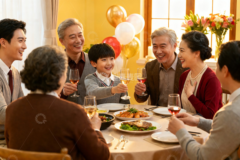 高清大图下载【趣麦麦图】三代同堂家庭聚餐温馨场景