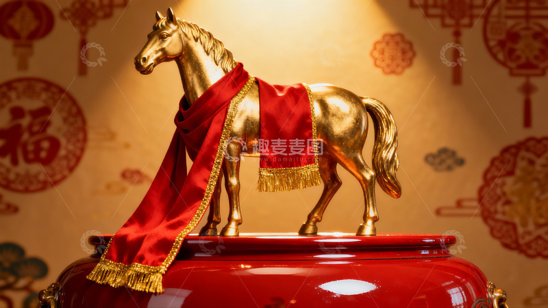 高清大图下载【趣麦麦图】金色马雕披红绸背景墙