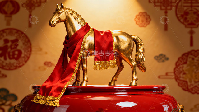 金色马雕披红绸背景墙