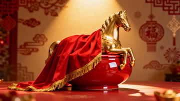 金色马雕红布锦盒摆件