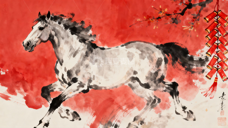 高清大图下载【趣麦麦图】奔腾骏马红背景年味浓