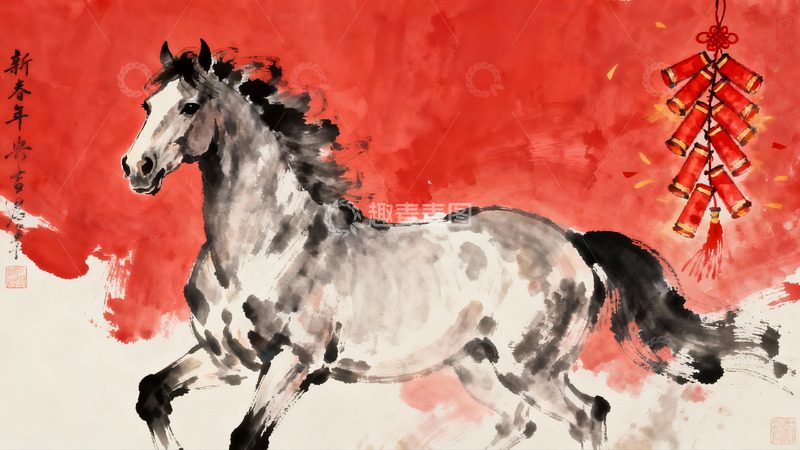 高清大图下载【趣麦麦图】水墨奔马与红鞭炮迎新春
