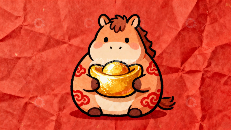 高清大图下载【趣麦麦图】卡通马抱金元宝寓意吉祥