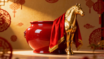 金色马雕与红色瓷罐装饰摆件