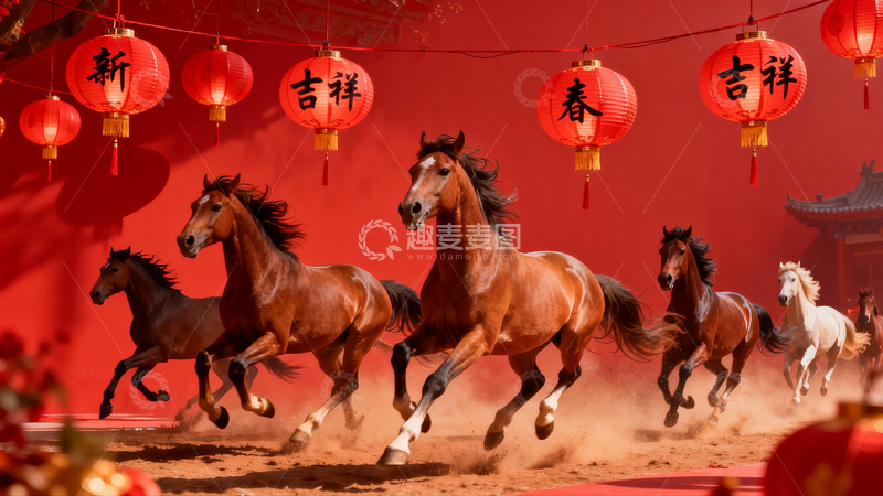 高清大图下载【趣麦麦图】红灯笼下骏马奔腾迎新春
