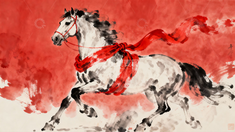 高清大图下载【趣麦麦图】奔腾骏马红绸飘扬水墨画
