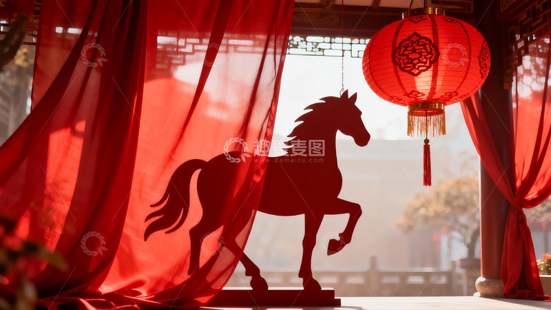 高清大图下载【趣麦麦图】中式庭院马形剪影与红灯笼
