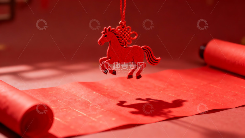 高清大图下载【趣麦麦图】红色卷轴上的马形挂饰