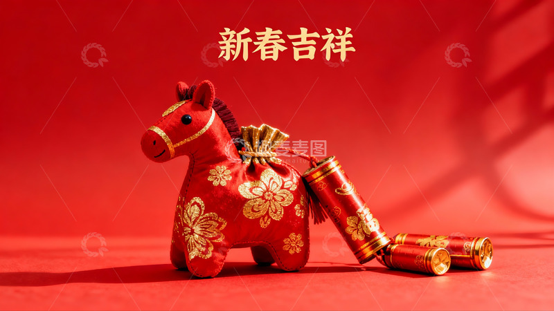 高清大图下载【趣麦麦图】红色新春吉祥马与鞭炮