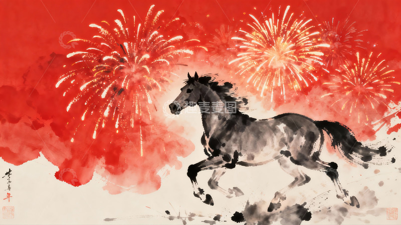 高清大图下载【趣麦麦图】骏马奔腾烟花绽放迎新年