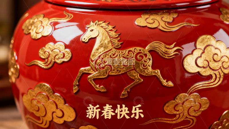 高清大图下载【趣麦麦图】红色马纹瓷罐新春装饰