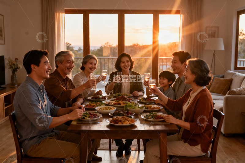 高清大图下载【趣麦麦图】夕阳下家人围坐共进晚餐