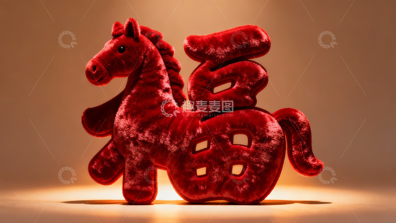 高清大图下载【趣麦麦图】红色毛绒马形福字摆件