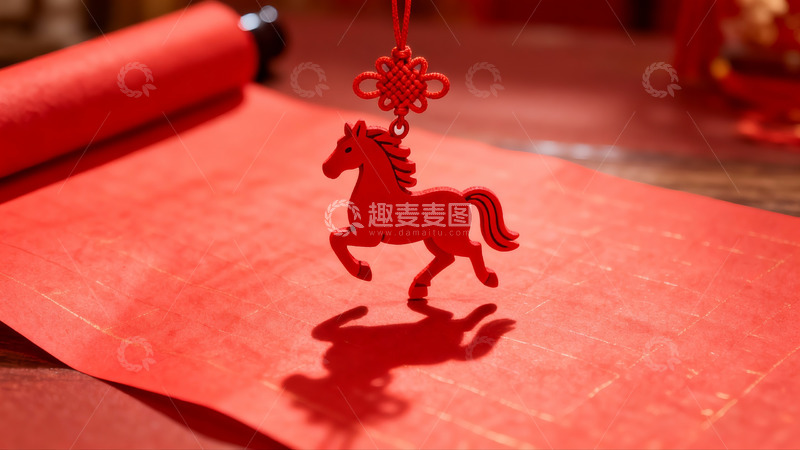 高清大图下载【趣麦麦图】红色马形挂饰与卷轴纸张